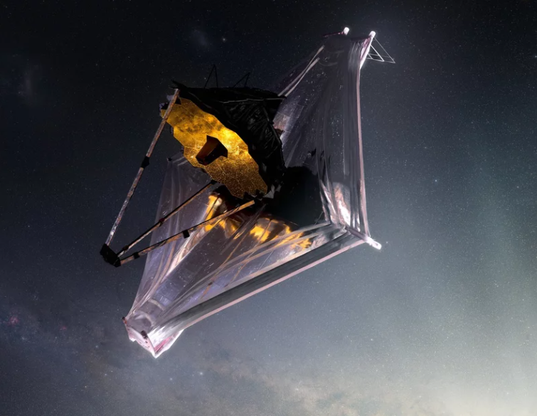 The illustration shows the James Webb Space Telescope as it might appear as it orbits the sun, about a million miles away from Earth.