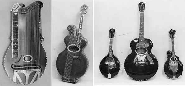 Orville's 37- string Harp Zither, Mandolin 18 inch guitar & F-style mandolin