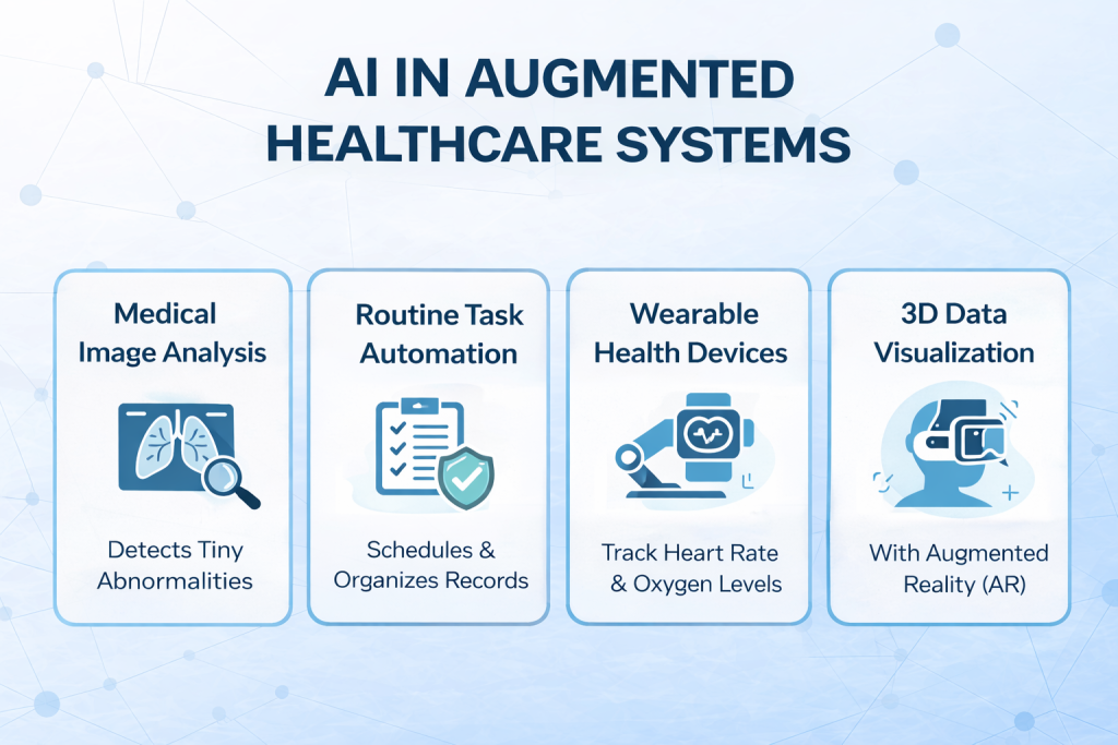 Artificial intelligence in modern healthcare concept showing technology supporting doctors and improving patient care